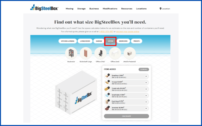 Big Steel Box interactive space calculator of container for office relocation