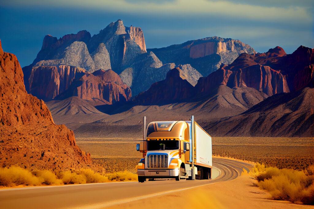 large truck on a road in the middle of desert