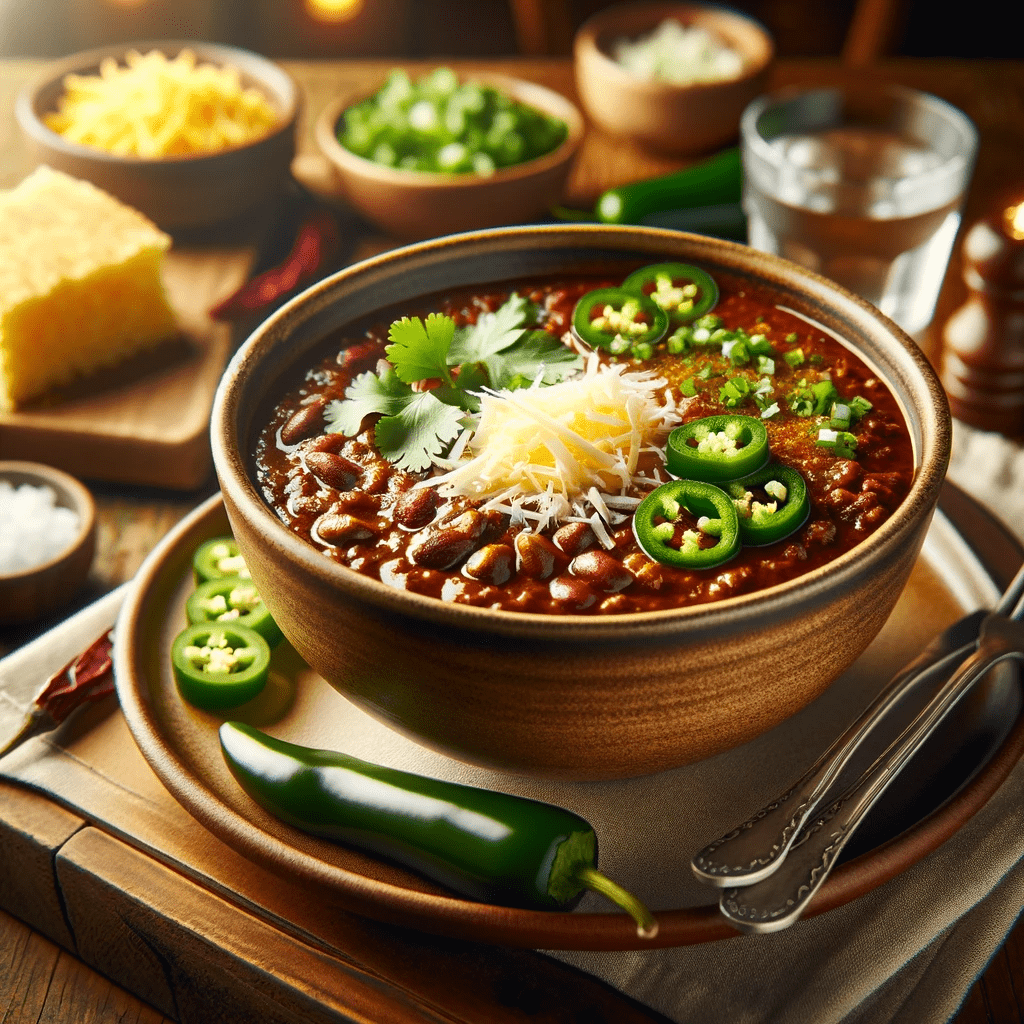 A delicious bowl of chili served in a restaurant setting.