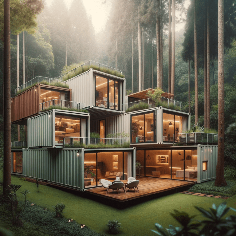 A modern container home nestled in a lush green forest