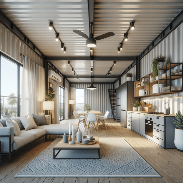 Interior design of a modern container home, showcasing a spacious and well-lit living area